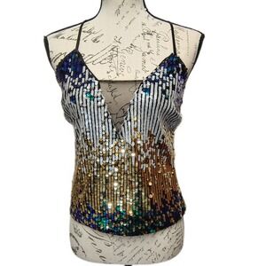 Bebe Multicolor Omber Sequin Cami Tank Top XS Strappy Y2K Mermaid Festival